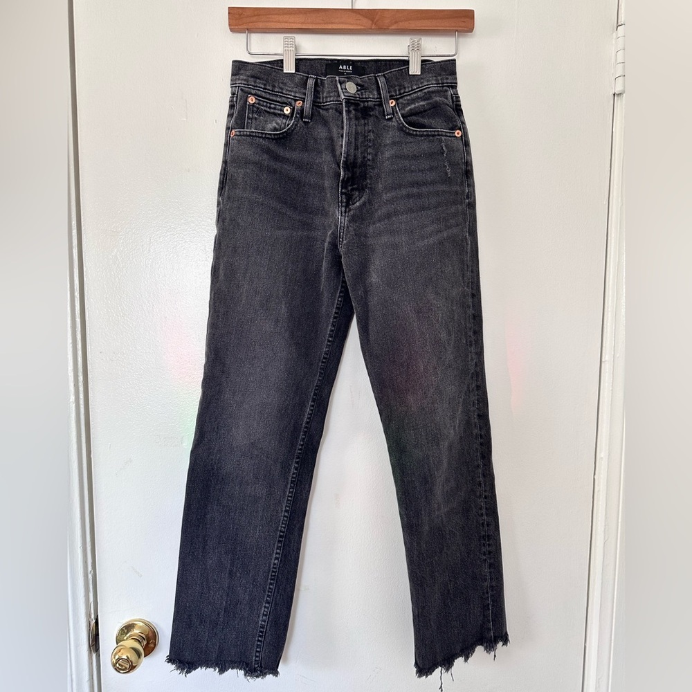 ABLE High Waist Straight Jean. Washed Black Denim. Size 26.